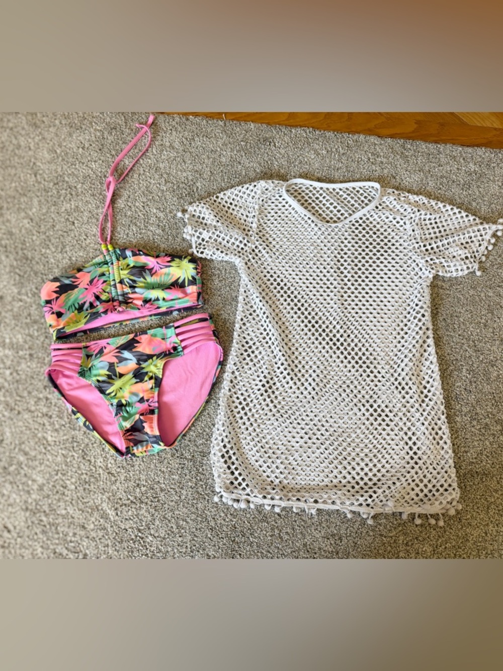Girls Tropical Pink Two-Piece Swim Set with White Mesh Cover-Up 14 years